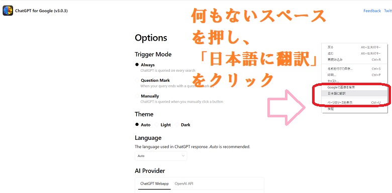 chatGPT for Google、設定画面を日本語に翻訳