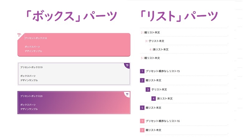 プリセットパーツ、ボックス、リスト