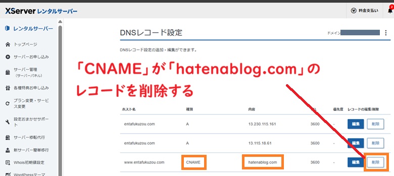 cnameがhatenablogのレコードを削除