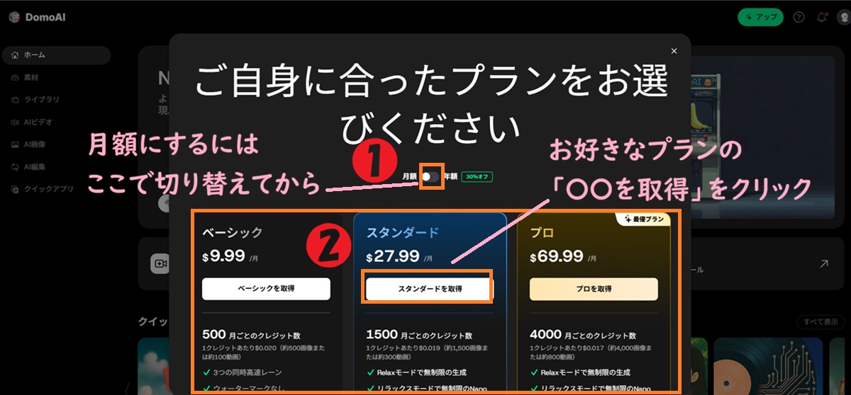 月額に切り替えてからプランを選択