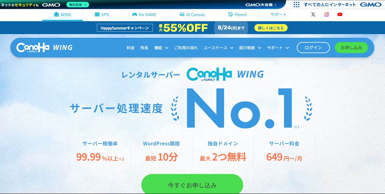 ConoHa WING、2026年8月、WordPress